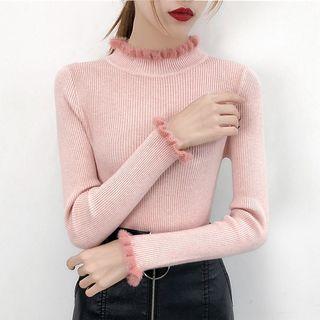 Faux-fur Trim Ribbed Knit Top
