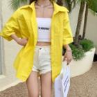Short-sleeve Plain Loose-fit Shirt Yellow - One Size
