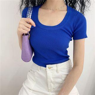 U-neck Plain Ribbed Knit Top