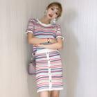 Set: Striped Knit Top + Buttoned Pencil Skirt Stripe - One Size