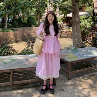 Short-sleeve Gingham Blouse / Midi A-line Skirt