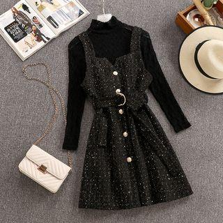 Set: Long-sleeve Mock-neck Knit Top + Tweed Mini A-line Pinafore Dress