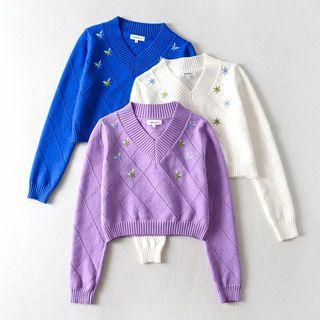 V-neck Floral Embroidered Cropped Sweater