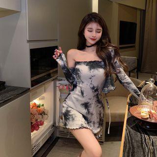 Set: Strapless Tie-dyed A-line Dress + Cardigan Set - Black & White - One Size