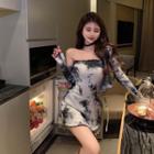 Set: Strapless Tie-dyed A-line Dress + Cardigan Set - Black & White - One Size