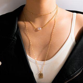 Tag Pendant Faux Pearl Layered Necklace 9530 - Gold - One Size
