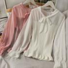Chiffon-panel Ribbon-neckline Knit Top