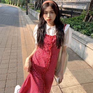 Puff-sleeve Ruffle Trim Blouse / Spaghetti Strap Single-breasted Plaid Midi Dress