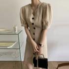 V-neck Lettuce Edge Single Breasted Lantern-sleeve Dress