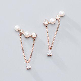 925 Sterling Silver Faux Pearl Rhinestone Chained Dangle Earring