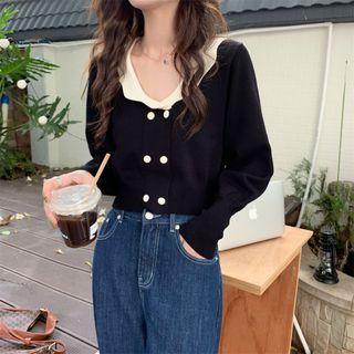 Long-sleeve Two-tone Knit Top Black - One Size