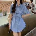 Set: Elbow-sleeve Mini Shirtdress + Shorts Shirtdress & Shorts - Blue - One Size