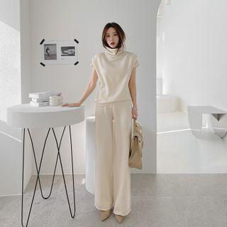 Set: Turtleneck Knit Vest + Boot-cut Knit Pants