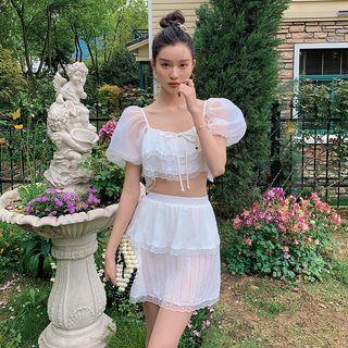 Set: Puff-sleeve Lace Trim Tankini Top + Swim Skirt