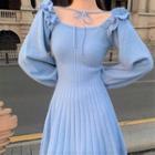 Long-sleeve Tie-front Ruffled Mini A-line Dress