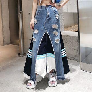 Distressed Asymmetric Maxi A-line Denim Skirt