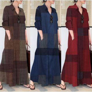 Long-sleeve Plaid Maxi Shirt Dress