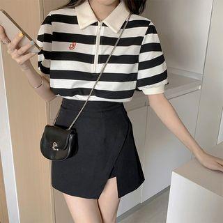 Short-sleeve Striped Half-zip Polo Top