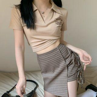 Short-sleeve Cropped Polo Shirt / Plaid Mini A-line Skort