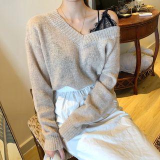 Lace Panel V-neck Sweater Coffee - One Size