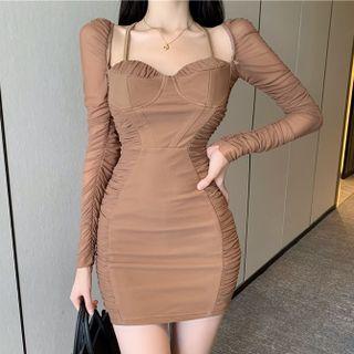 Long-sleeve Sweetheart Shirred Mini Sheath Dress