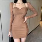 Long-sleeve Sweetheart Shirred Mini Sheath Dress