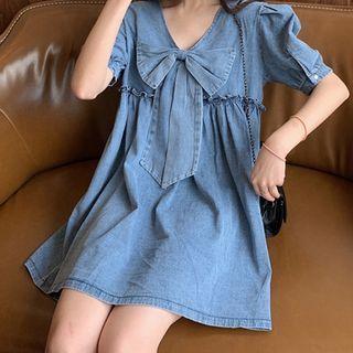 Short-sleeve Bow-accent Denim Mini A-line Dress Denim - One Size