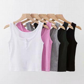 Round Neck Buttoned Sleeveless Cropped Top