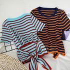 Striped Open Back Short-sleeve Knit Top