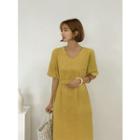 V-neck Slit-side Linen Blend Dress With Sash