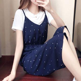 Set: Short-sleeve T-shirt + Dotted Cropped Chiffon Jumper Pants