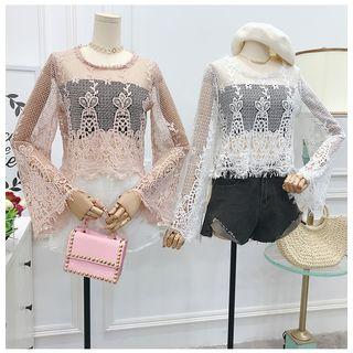 Set: Plain Bandeau Top + Lace Long-sleeve Top