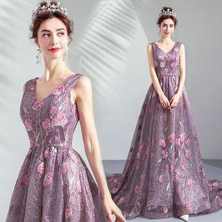 Sleeveless V-neck Embroidered Evening Gown