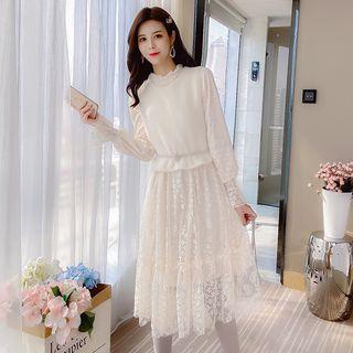 Set: Lace Long-sleeve A-line Dress + Furry Vest