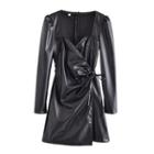 Long-sleeve Faux Leather Mini A-line Tie-waist Dress
