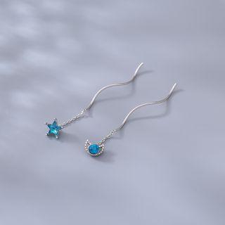 Moon & Star Rhinestone Sterling Silver Asymmetrical Dangle Earring 1 Pair - Blue - One Size