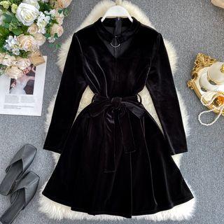 Choker-neck Long-sleeve Velvet A-line Dress