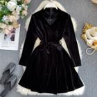 Choker-neck Long-sleeve Velvet A-line Dress