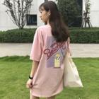 Printed Elbow-sleeve T-shirt Dress Pink - One Size