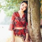Set: Patterned Bikini + Bell-sleeve Top + Skirt