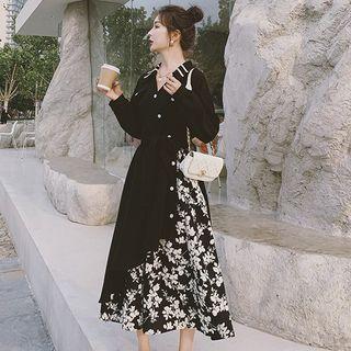 Long Sleeve Floral Panel Layered Midi Dress
