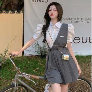 Puff-sleeve Shirt / Asymmetrical Mini Overall Dress