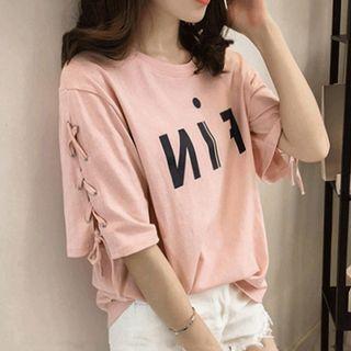 Lace-up Elbow-sleeve Print T-shirt