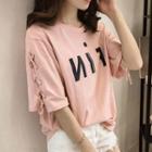 Lace-up Elbow-sleeve Print T-shirt