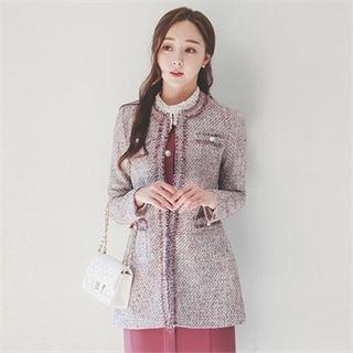 Fringe-trim Long Tweed Jacket
