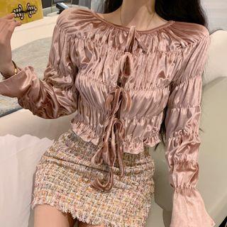 Ruched Ribbon Long-sleeve Velvet Top