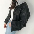 Hooded Faux-leather Bomber Jacket