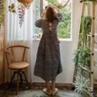 Puff-sleeve Tie-back Floral Print Dress Navy Blue - One Size