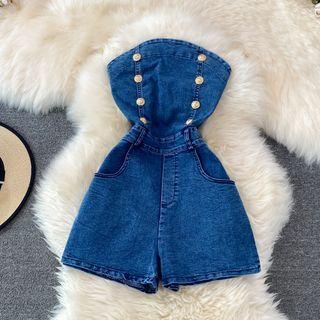 Double Breasted Strapless Denim Romper