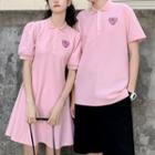Couple Matching Set: Puff-sleeve Heart Embroidered A-line Polo Dress + Short-sleeve Polo Shirt